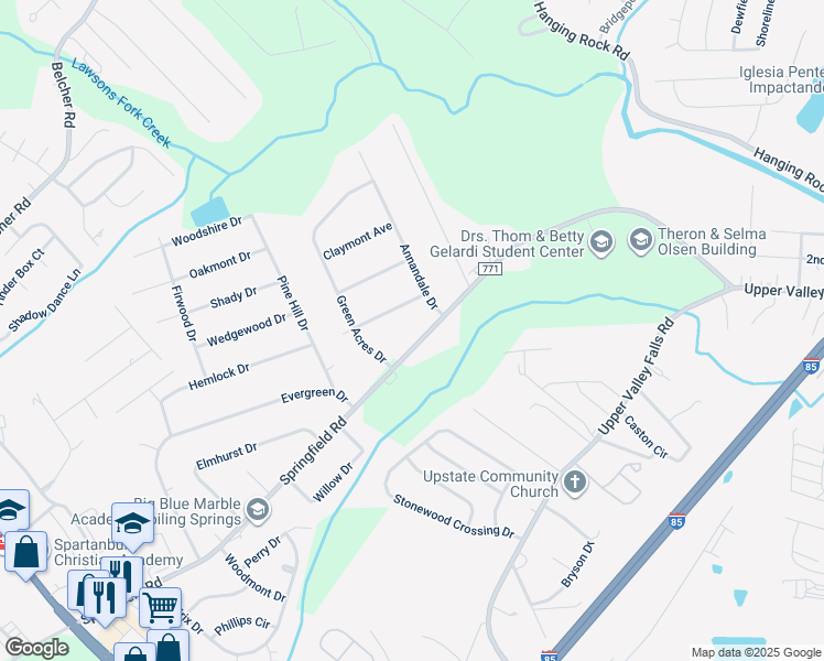 map of restaurants, bars, coffee shops, grocery stores, and more near 1606 Springfield Road in Boiling Springs