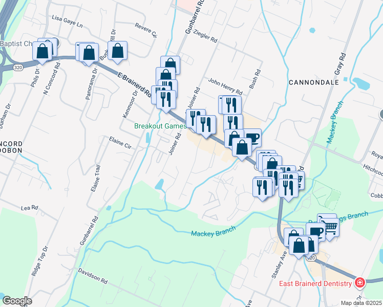 map of restaurants, bars, coffee shops, grocery stores, and more near 1421 Stratton Place Drive in Chattanooga