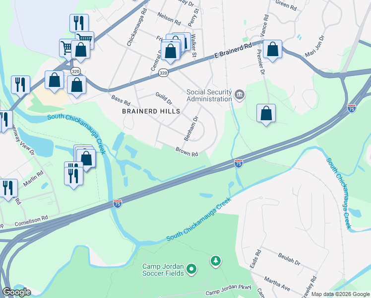 map of restaurants, bars, coffee shops, grocery stores, and more near 501 Brown Road in Chattanooga