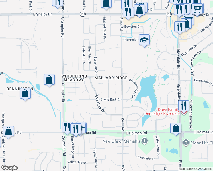 map of restaurants, bars, coffee shops, grocery stores, and more near 6621 Mistletoe Cove in Memphis