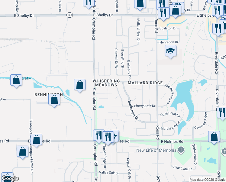 map of restaurants, bars, coffee shops, grocery stores, and more near 5013 Bartonwood Drive in Memphis