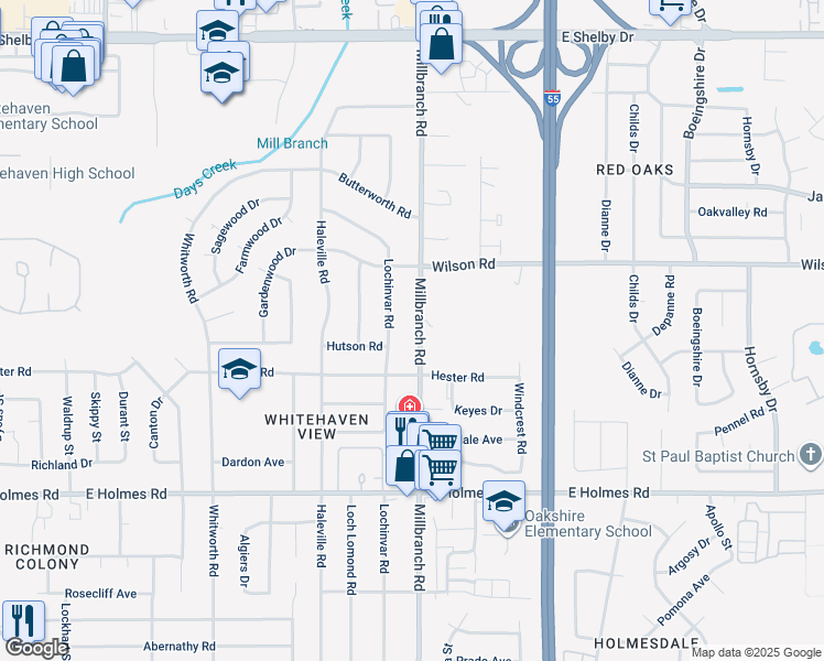 map of restaurants, bars, coffee shops, grocery stores, and more near 5017 Millbranch Road in Memphis