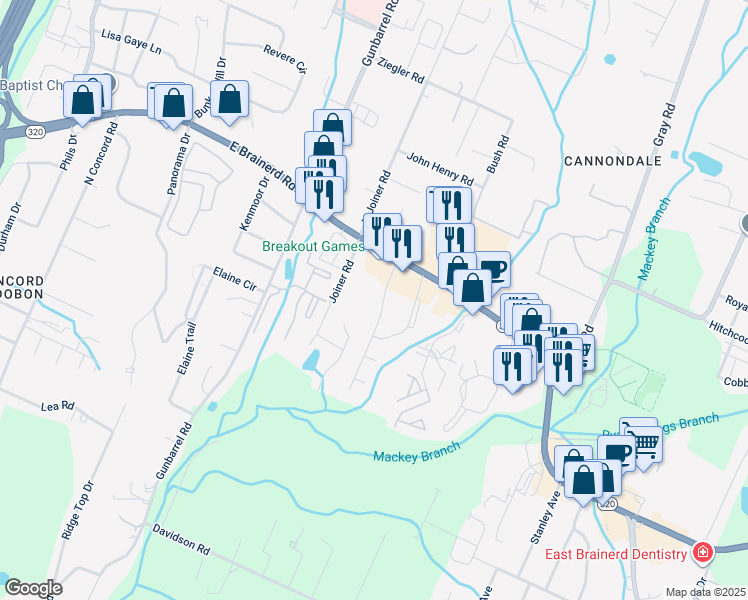 map of restaurants, bars, coffee shops, grocery stores, and more near 1421 Stratton Place Drive in Chattanooga