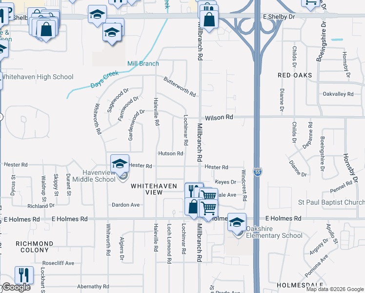 map of restaurants, bars, coffee shops, grocery stores, and more near 5015 Lochinvar Road in Memphis