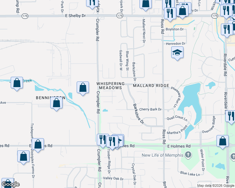 map of restaurants, bars, coffee shops, grocery stores, and more near 5013 Bartonwood Drive in Memphis