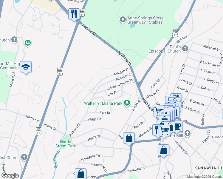 map of restaurants, bars, coffee shops, grocery stores, and more near 206 Lee Street in Fort Mill