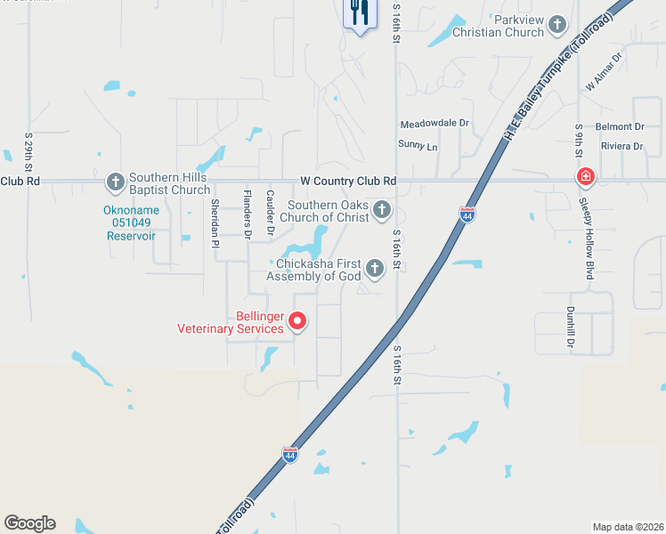 map of restaurants, bars, coffee shops, grocery stores, and more near 3315 Pondridge Road in Chickasha