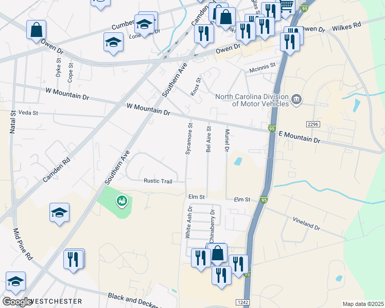 map of restaurants, bars, coffee shops, grocery stores, and more near 2533 Sycamore Street in Fayetteville