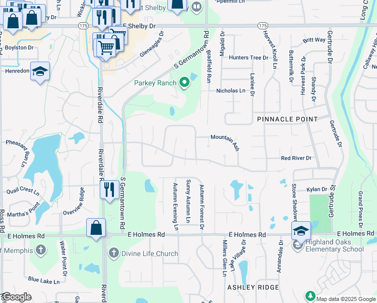 map of restaurants, bars, coffee shops, grocery stores, and more near 7164 Germantown Trail in Memphis