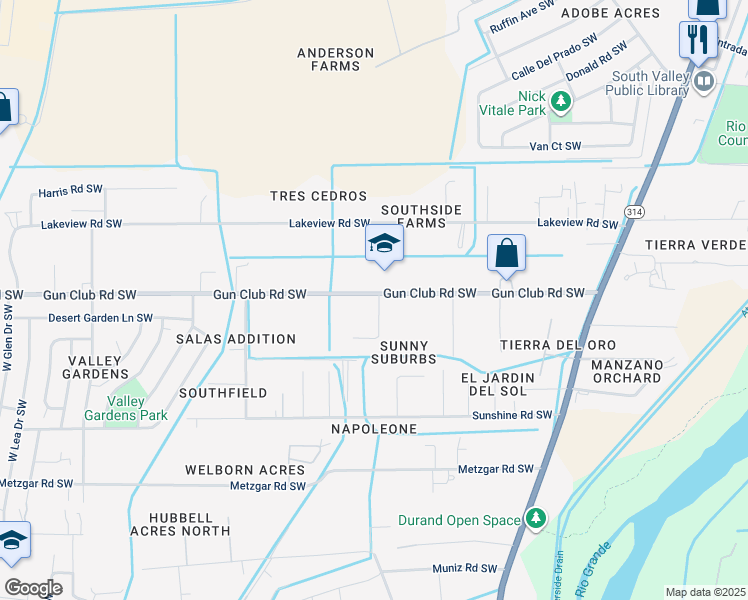 map of restaurants, bars, coffee shops, grocery stores, and more near 2130 Gun Club Road Southwest in Albuquerque