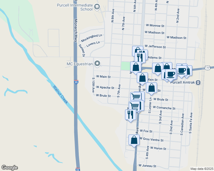 map of restaurants, bars, coffee shops, grocery stores, and more near 131 S 8th Ave in Purcell