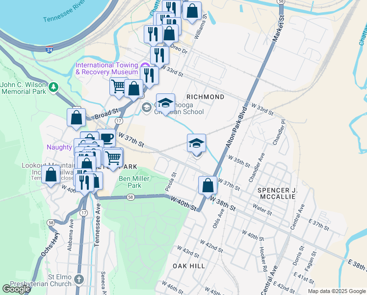 map of restaurants, bars, coffee shops, grocery stores, and more near 1007 West 36th Street in Chattanooga