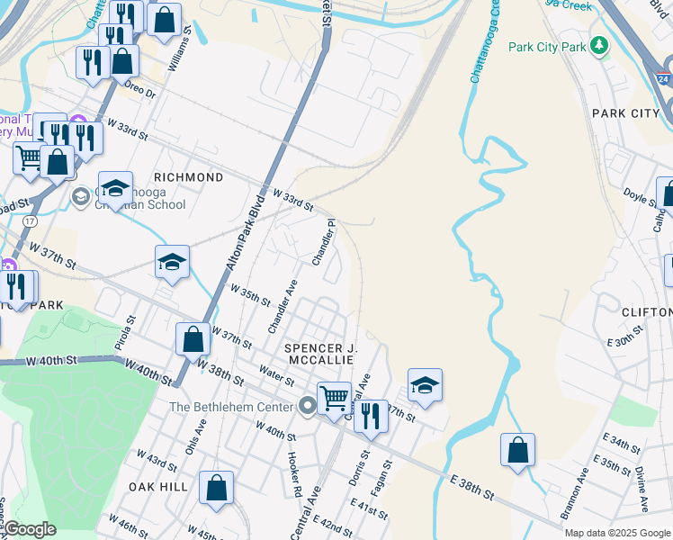 map of restaurants, bars, coffee shops, grocery stores, and more near 335 Chandler Place in Chattanooga