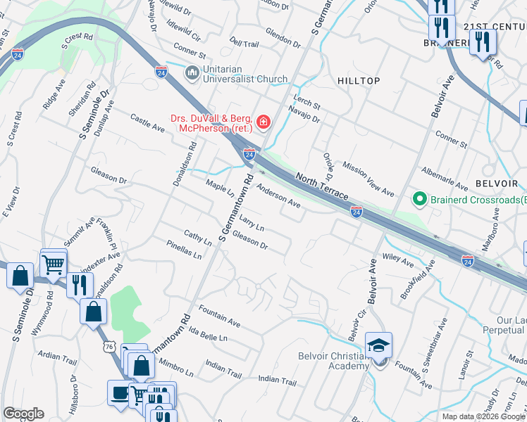 map of restaurants, bars, coffee shops, grocery stores, and more near 3704 Norma Drive in Chattanooga