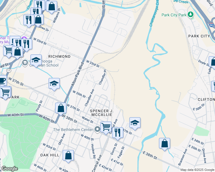 map of restaurants, bars, coffee shops, grocery stores, and more near 335 Chandler Place in Chattanooga