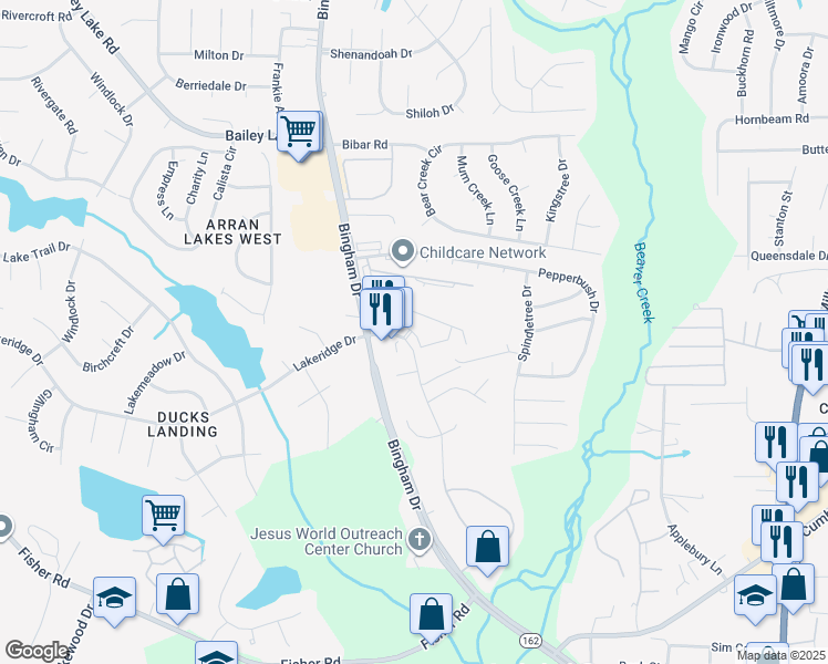 map of restaurants, bars, coffee shops, grocery stores, and more near 2640 Latrobe Avenue in Fayetteville