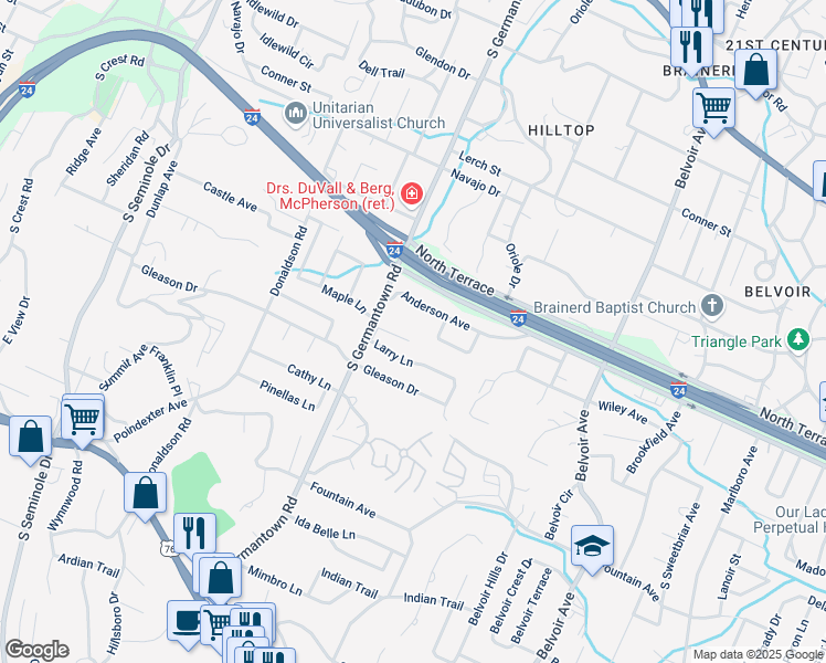 map of restaurants, bars, coffee shops, grocery stores, and more near 3704 Norma Drive in Chattanooga
