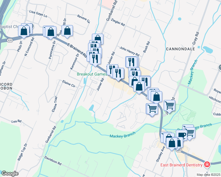 map of restaurants, bars, coffee shops, grocery stores, and more near 1421 Stratton Place Drive in Chattanooga