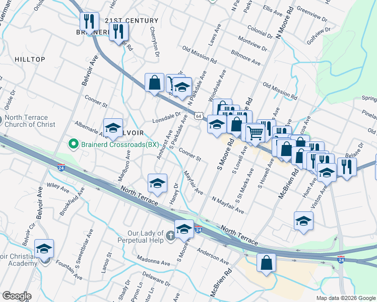 map of restaurants, bars, coffee shops, grocery stores, and more near 120 Haney Drive in Chattanooga