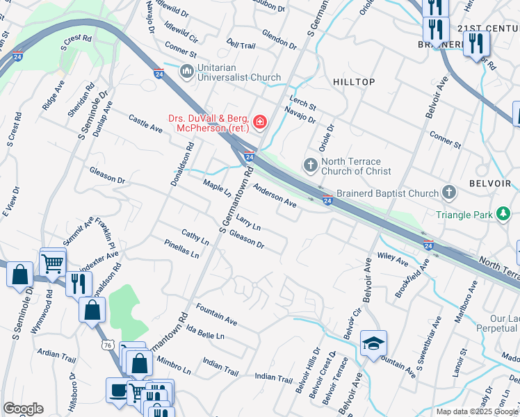 map of restaurants, bars, coffee shops, grocery stores, and more near 3704 Norma Drive in Chattanooga