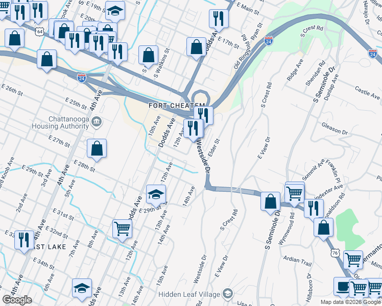 map of restaurants, bars, coffee shops, grocery stores, and more near 2711 Woodside Street in Chattanooga