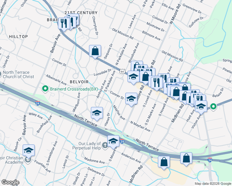 map of restaurants, bars, coffee shops, grocery stores, and more near 120 Haney Drive in Chattanooga