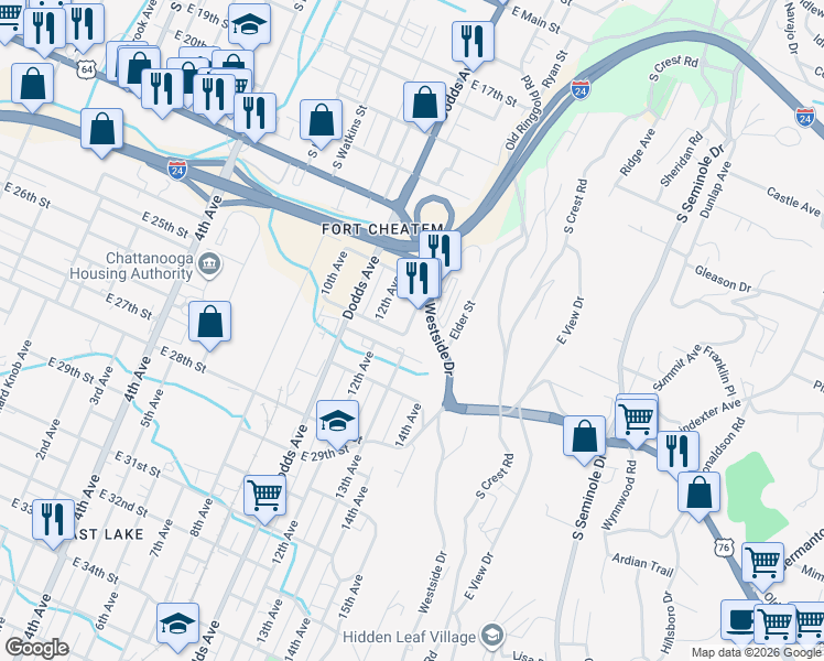 map of restaurants, bars, coffee shops, grocery stores, and more near 2711 Woodside Street in Chattanooga
