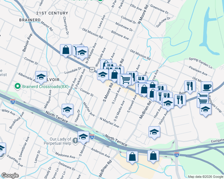 map of restaurants, bars, coffee shops, grocery stores, and more near 4903 Sunbeam Avenue in Chattanooga