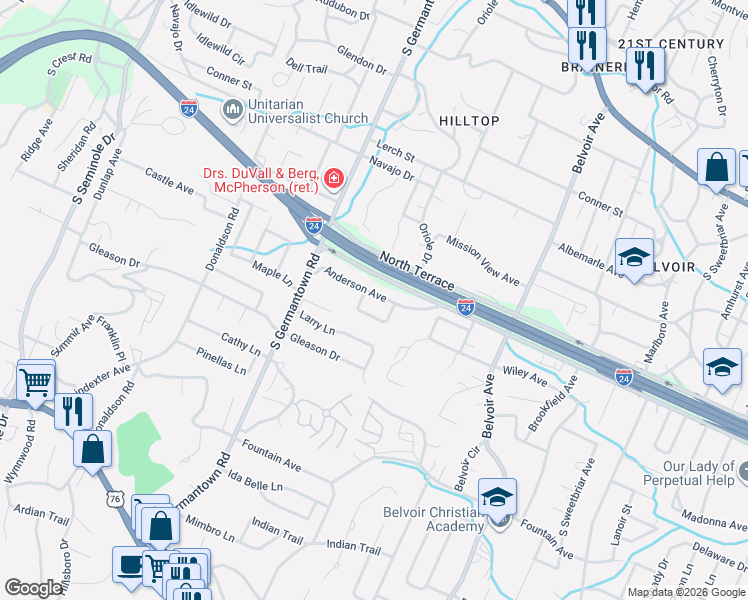 map of restaurants, bars, coffee shops, grocery stores, and more near 3711 Norma Drive in Chattanooga