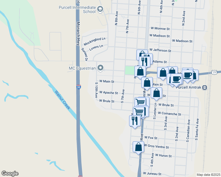 map of restaurants, bars, coffee shops, grocery stores, and more near 131 South 8th Avenue in Purcell