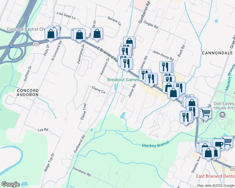 map of restaurants, bars, coffee shops, grocery stores, and more near 318 Carriage Parc Drive in Chattanooga