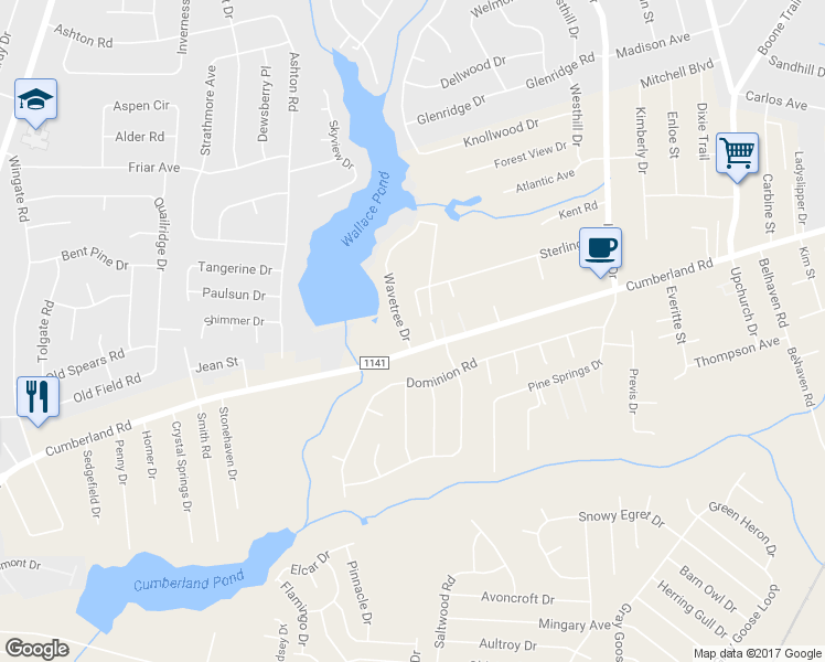 map of restaurants, bars, coffee shops, grocery stores, and more near 4415 Wavetree Drive in Fayetteville