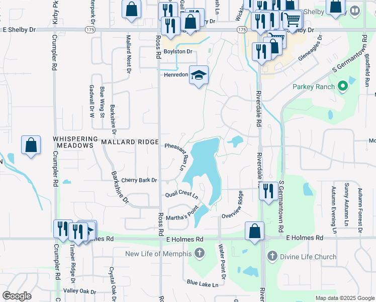 map of restaurants, bars, coffee shops, grocery stores, and more near 5020 Pheasant Run Lane in Memphis