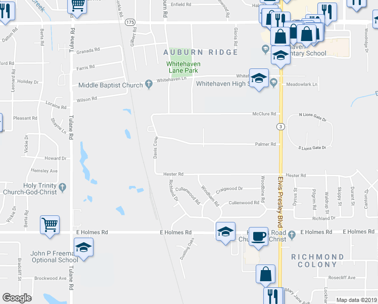 map of restaurants, bars, coffee shops, grocery stores, and more near 929 Palmer Road in Memphis