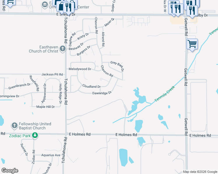 map of restaurants, bars, coffee shops, grocery stores, and more near 3481 Dawnridge Drive in Memphis