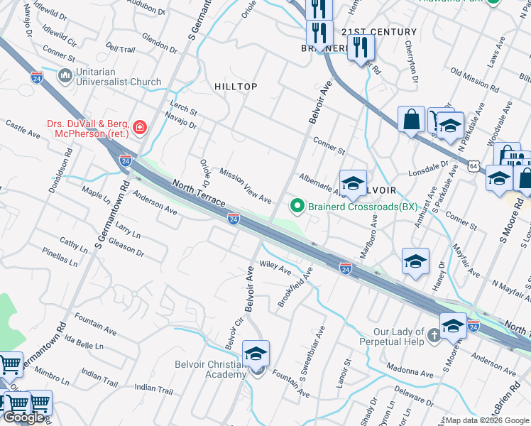 map of restaurants, bars, coffee shops, grocery stores, and more near 405 Belvoir Avenue in Chattanooga
