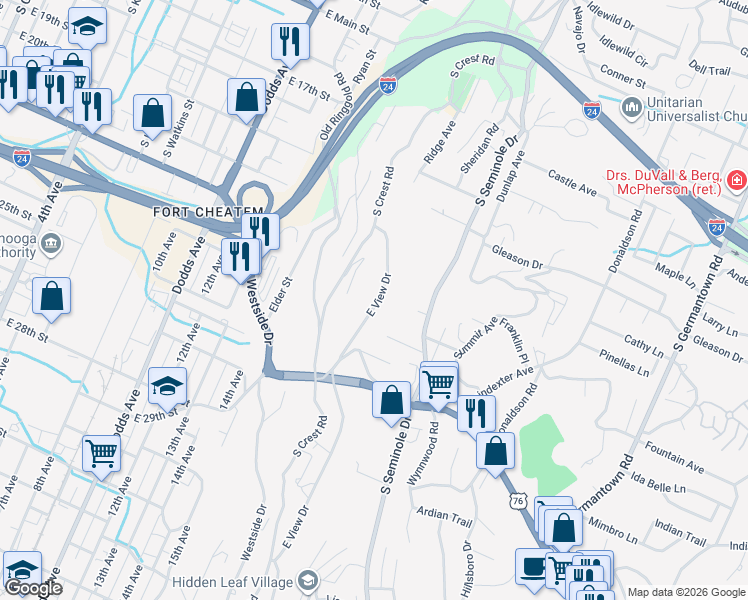 map of restaurants, bars, coffee shops, grocery stores, and more near 311 East View Drive in Chattanooga
