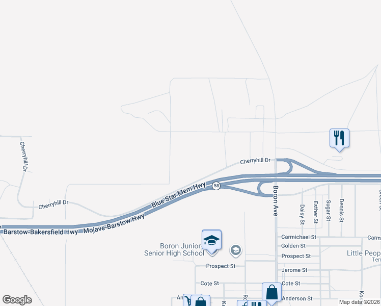 map of restaurants, bars, coffee shops, grocery stores, and more near 26746 Hampton Road in Boron