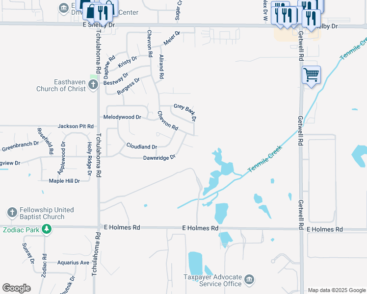 map of restaurants, bars, coffee shops, grocery stores, and more near 3505 Chevron Cove in Memphis