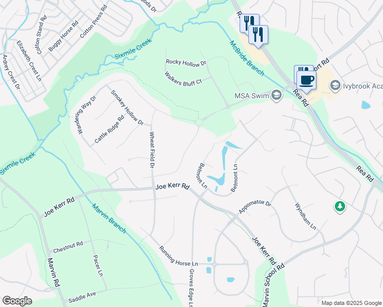 map of restaurants, bars, coffee shops, grocery stores, and more near 328 Kindling Wood Lane in Marvin