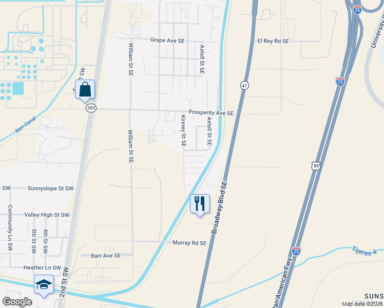 map of restaurants, bars, coffee shops, grocery stores, and more near 605 Valplano Road Southeast in Albuquerque