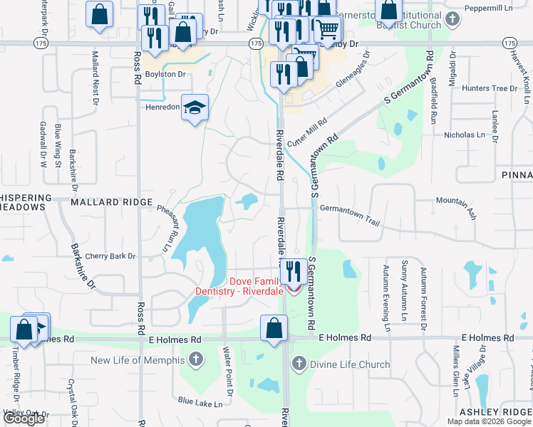 map of restaurants, bars, coffee shops, grocery stores, and more near 5035 Overview Ridge Cove in Memphis