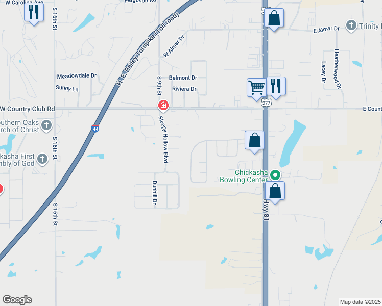 map of restaurants, bars, coffee shops, grocery stores, and more near 156 Parkway Drive in Chickasha