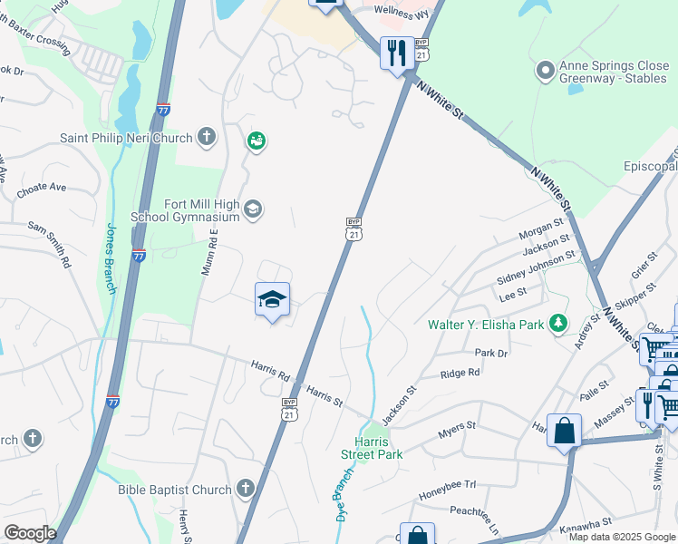 map of restaurants, bars, coffee shops, grocery stores, and more near U.S. 21 in Fort Mill