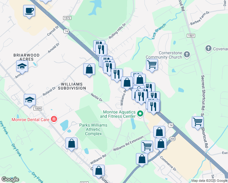 map of restaurants, bars, coffee shops, grocery stores, and more near 2505 West Roosevelt Boulevard in Monroe