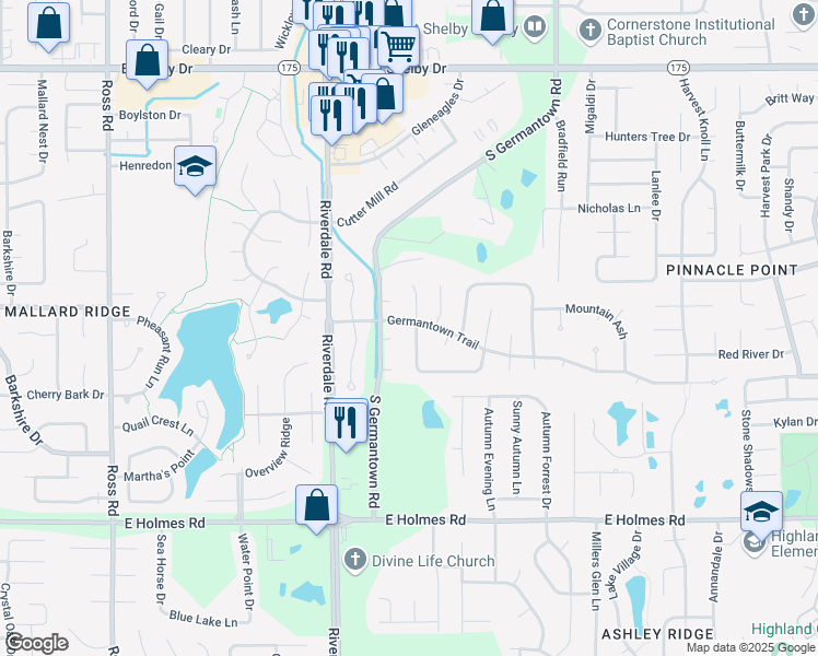 map of restaurants, bars, coffee shops, grocery stores, and more near 7053 Germantown Trail in Memphis