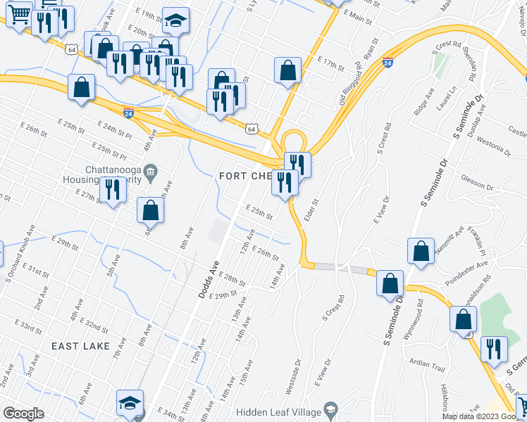 map of restaurants, bars, coffee shops, grocery stores, and more near 2703 East 25th Street in Chattanooga