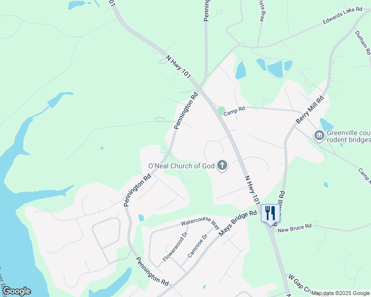 map of restaurants, bars, coffee shops, grocery stores, and more near 3653 Pennington Road in Greer