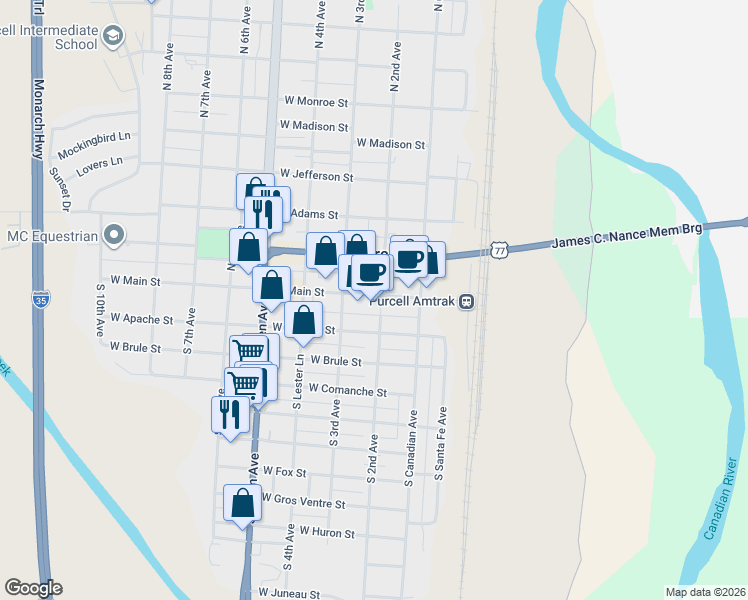 map of restaurants, bars, coffee shops, grocery stores, and more near 208 West Main Street in Purcell