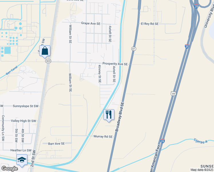 map of restaurants, bars, coffee shops, grocery stores, and more near 605 Valplano Road Southeast in Albuquerque